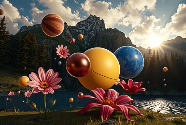 A surreal landscape with floating spheres and vibrant flowers against a mountain backdrop.