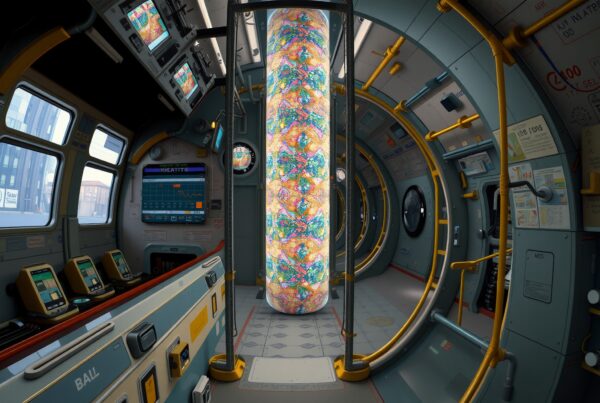 Futuristic control room with vibrant cylindrical core, high-tech screens, and detailed equipment.