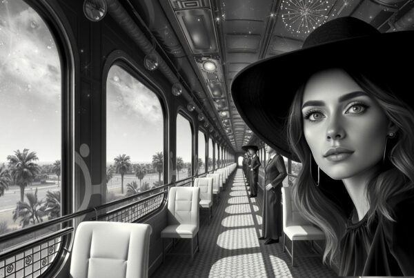 A stylish woman on an elegant train, exuding luxury and glamour with stunning black and white imagery.