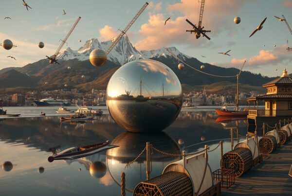 An imaginative harbor scene with floating spheres, reflecting water, and majestic mountains.