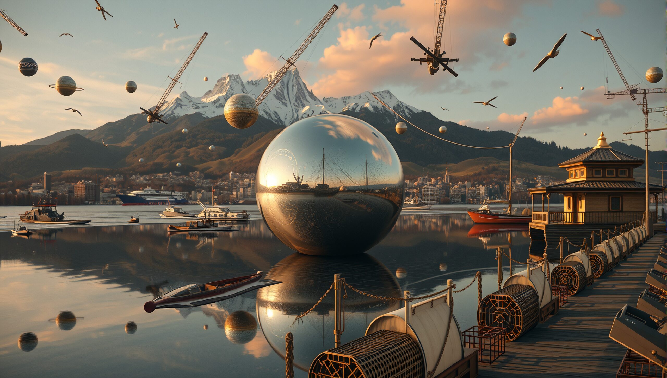 Surreal Harbor with Floating Spheres