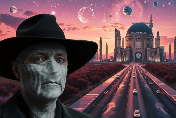 A surreal futuristic scene with a cosmic sky, mysterious figure, and vast highway leading to a grand structure.