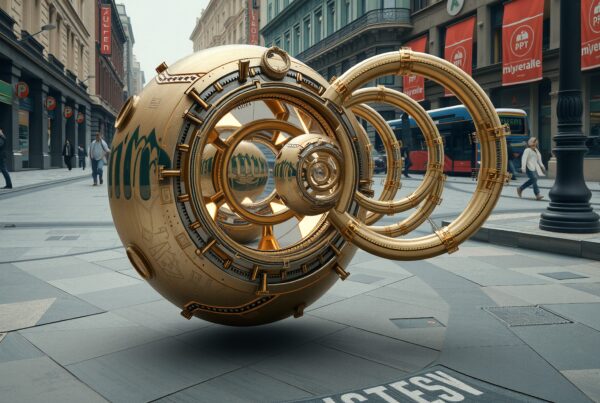 Futuristic golden orb suspended in urban street with pedestrians.