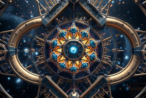 Intricate cosmic structure with metallic patterns in space.