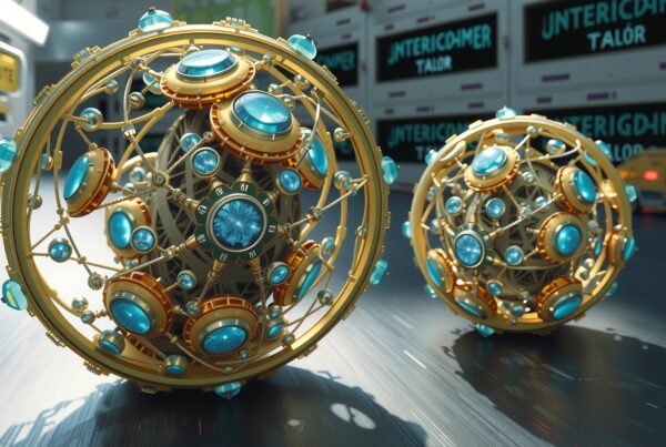 Intricate golden and turquoise spheres in a futuristic setting, highlighting a sci-fi environment.