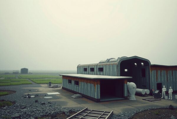 A rusted metal building in a misty, industrial landscape with sculpture-like figures in the foreground and foggy distant structures.