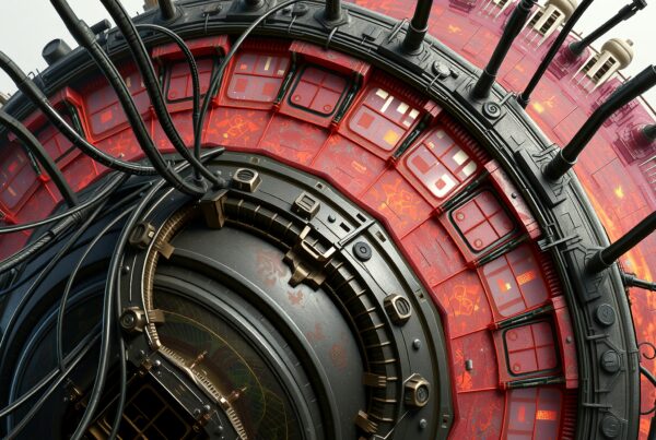 High-tech circular mechanical device with intricate red panels and black wires, conveying an advanced technological aesthetic.