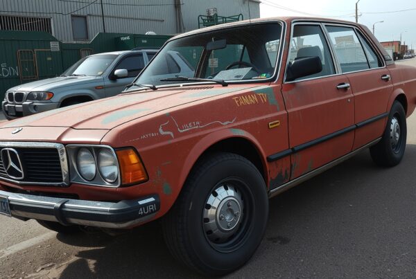 Vintage Mercedes-Benz car parked on an industrial street, showcasing faded red paint, rust marks, and urban surroundings with graffiti and modern vehicles.