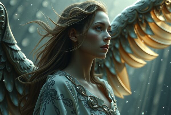 An angelic woman with ornate wings, immersed in glowing light.