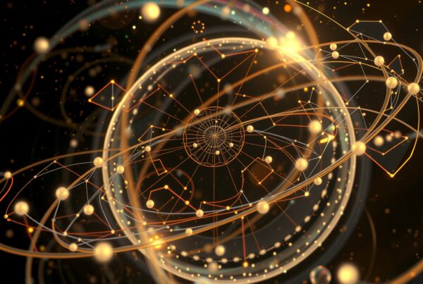 Abstract digital artwork depicting a complex network of golden lines and shapes glowing against a dark background.