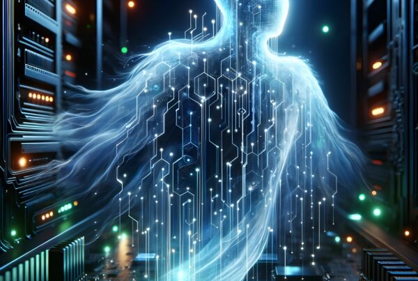 Ethereal digital figure in futuristic server room, illustrating artificial intelligence concept.
