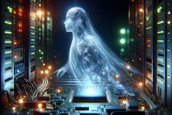 Digital humanoid AI figure glowing in server room, symbolizing advanced technology and artificial intelligence connection.
