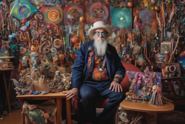 A man in a colorful room filled with eclectic art and sculptures, sitting calmly with creative surroundings.