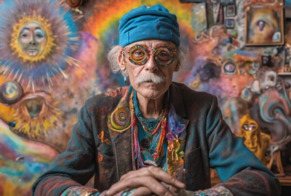 Colorful elderly man with vibrant artistic background.