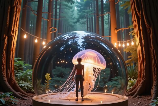 A person admires a glowing jellyfish inside a dome, set in a tranquil, illuminated forest.