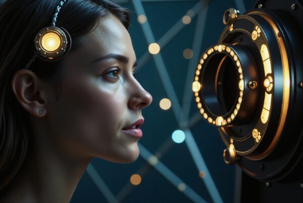 A young woman interacts with a glowing futuristic device, embodying a sci-fi narrative.