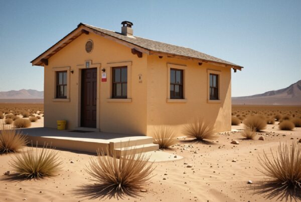 A small yellow house stands isolated in a vast desert landscape, surrounded by dry, scattered shrubbery under a clear blue sky.