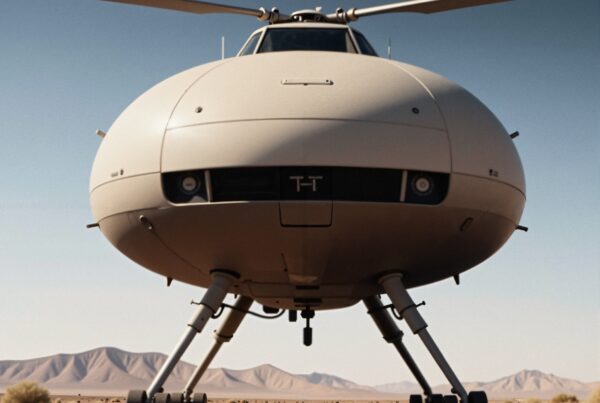 Futuristic spherical aircraft in desert landscape with helicopter-like design.