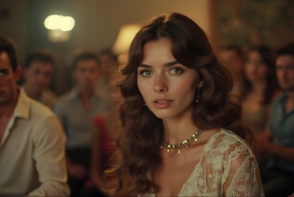 A woman with wavy brunette hair and a delicate dress, surrounded by an elegantly dressed group in a warmly lit room.