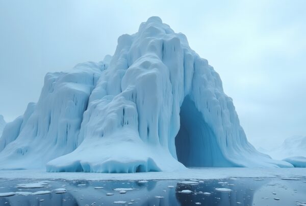 A large iceberg with archway surrounded by floating ice chunks in a serene arctic seascape.