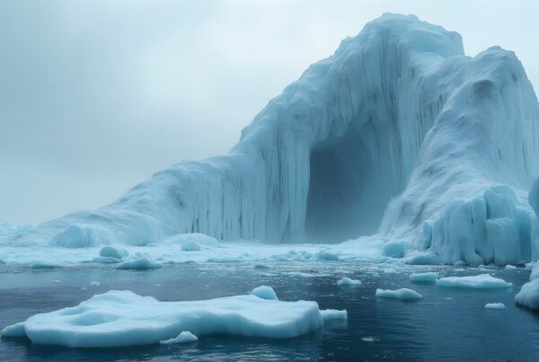 Towering iceberg with archway reflected in water.