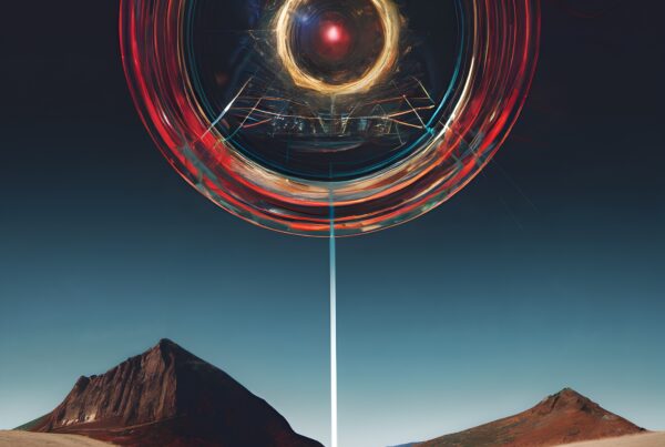 "Futuristic landscape with a large, circular technology emitting a bright light, casting a surreal atmosphere over a barren mountain terrain."