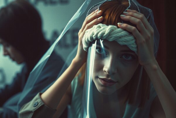 A young woman looks through a delicate fabric veil, creating a mysterious and thoughtful portrait.