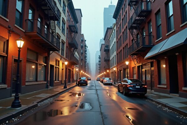 A misty urban street with wet sidewalks and glowing streetlights reflects cars and tall brick buildings in the early evening atmosphere.