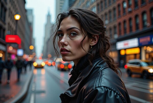 A woman in a leather jacket stands on a city street, surrounded by urban lights and tall buildings.