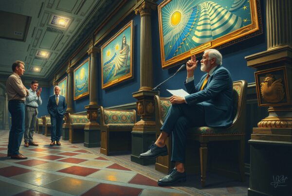 Four men in elegant art gallery discussing paintings.