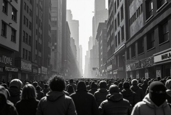 A densely packed crowd moves down a wide street lined with tall city buildings in a monochrome, misty urban setting.