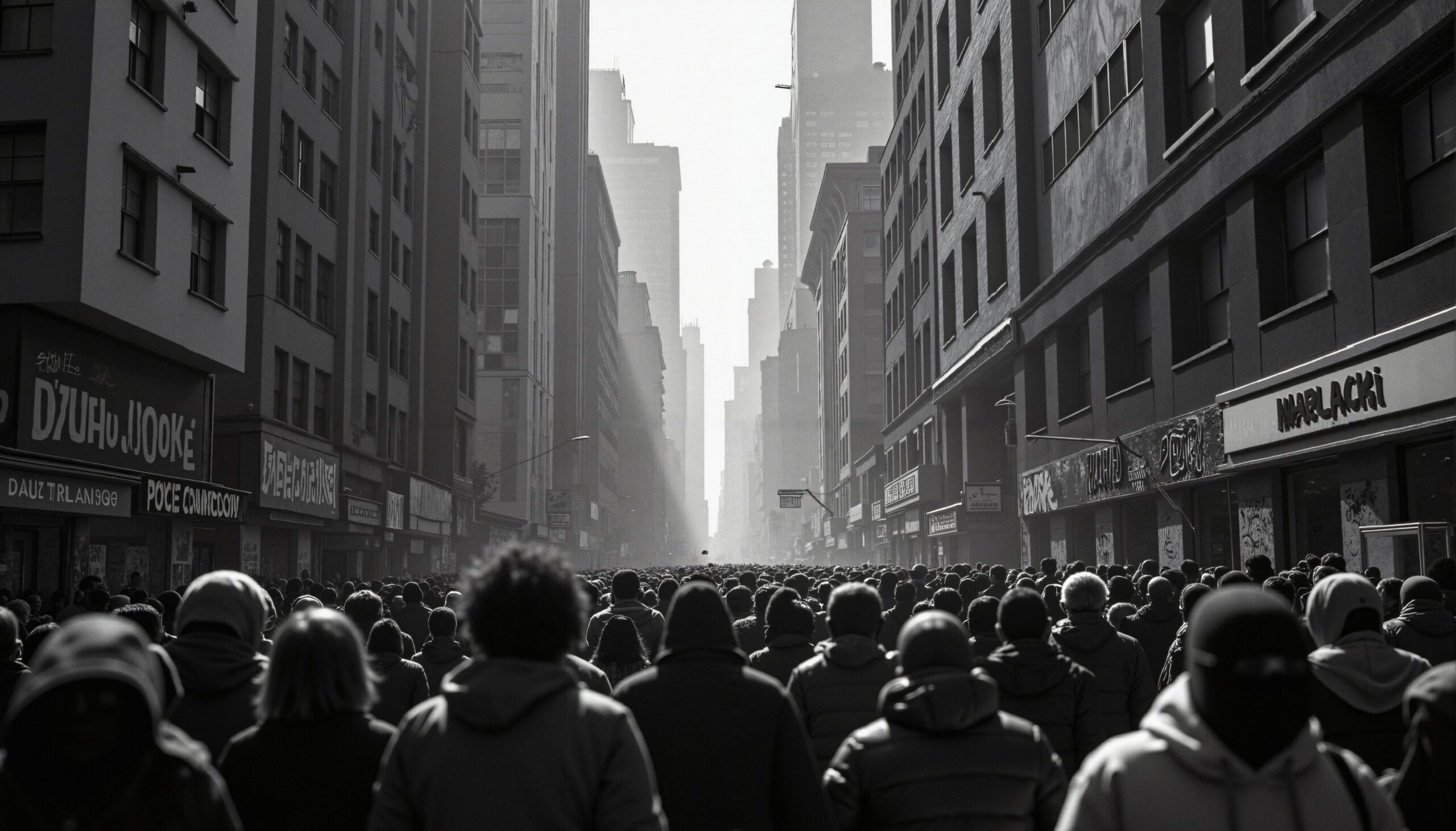 Crowd gathers in busy city