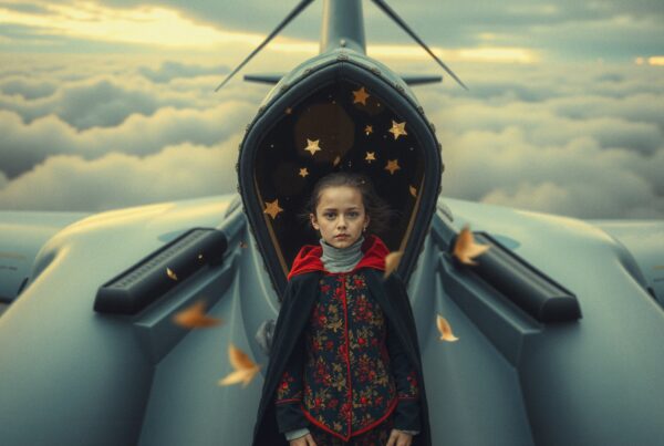 A young girl stands on an airplane amidst clouds, surrounded by floating stars, wearing a decorative red-hooded cloak.