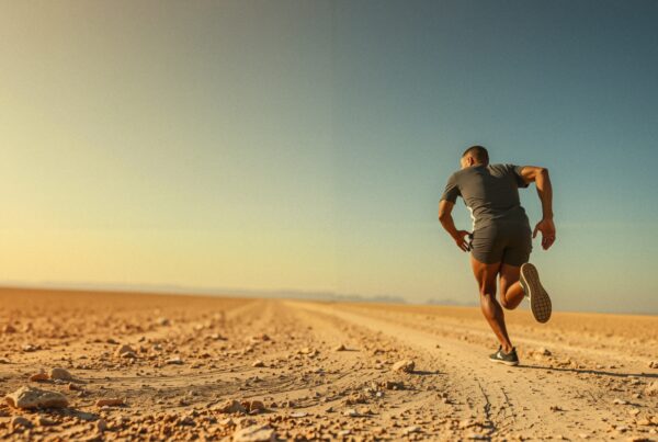A runner in athletic gear dashes across a vast, sunlit desert landscape, emphasizing strength and agility.