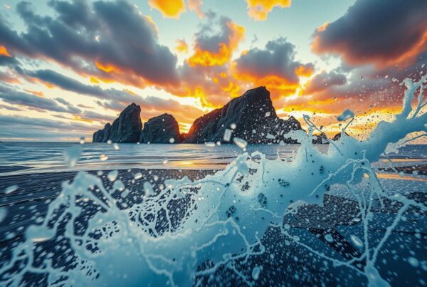 Ocean Meets Fiery Mountain Sunset
