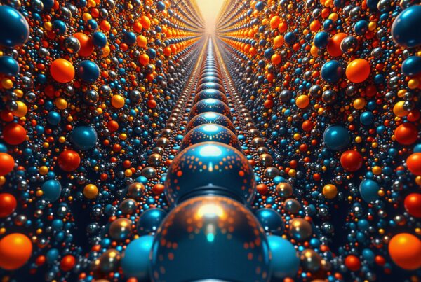 A captivating scene of colorful spheres creating an endless tunnel with vibrant reflections and symmetry.