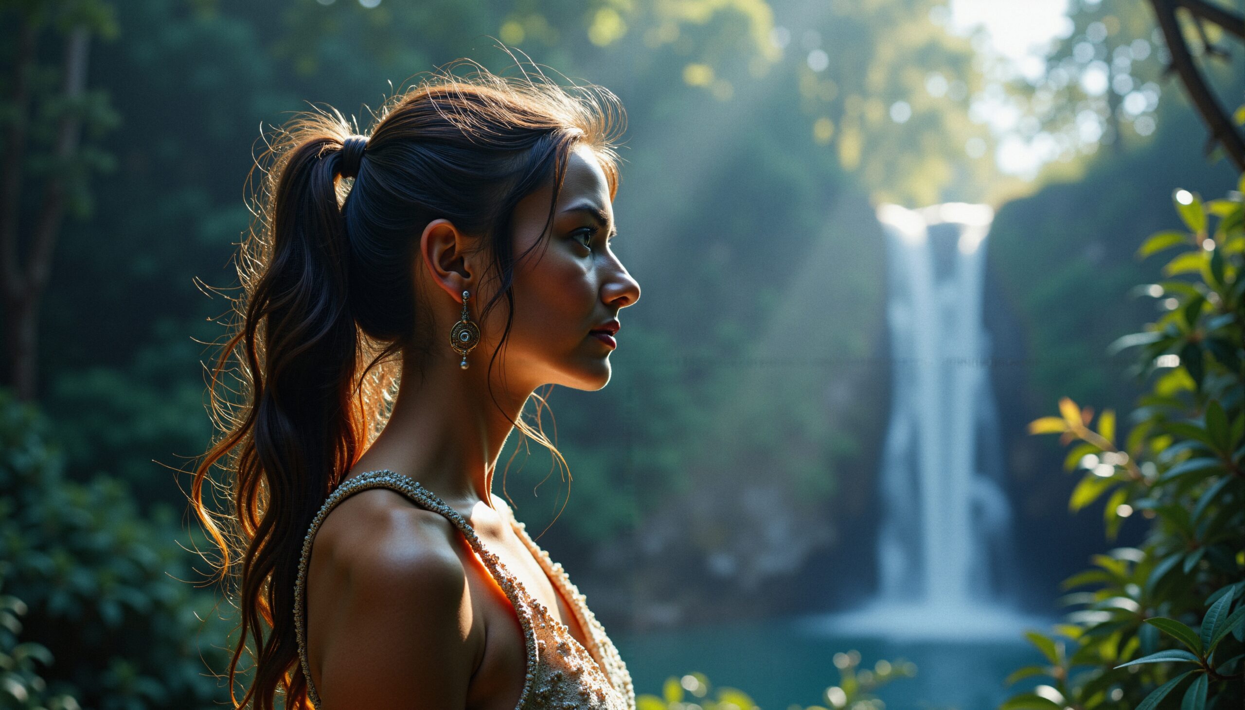 Woman Amidst Waterfall Serenity