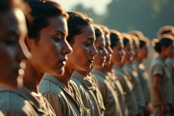 A group of women stands in uniform formation, illuminated by sunlight.
