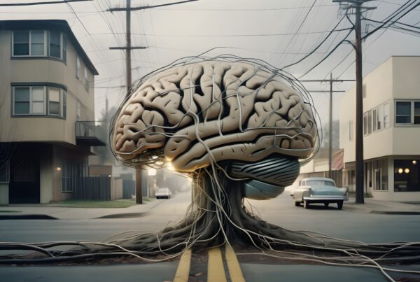 A giant brain with roots and cables in a suburban street setting, blending nature and technology.