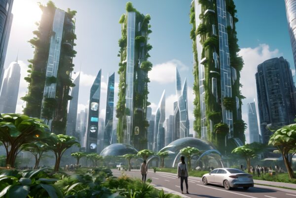 Futuristic cityscape with green skyscrapers and modern design.