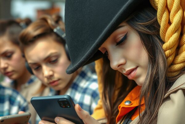 A young woman in a black hat focused on her smartphone, surrounded by others also using phones, highlighting modern digital engagement.