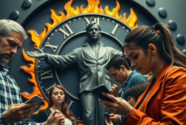 People focused on smartphones with a fiery clock and statue in the background, highlighting technology's hold on time.