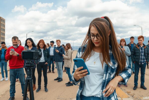 A group of people gathered outdoors in a city, engrossed in their smartphones, with a camera on a tripod nearby.