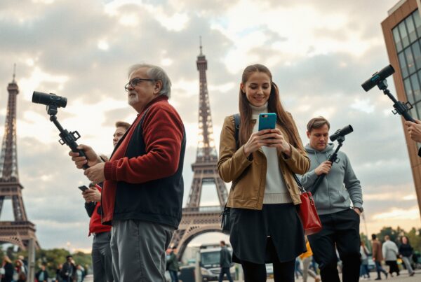 A group of people taking photos with cameras and phones in front of the Eiffel Tower in Paris, capturing the urban scenery.