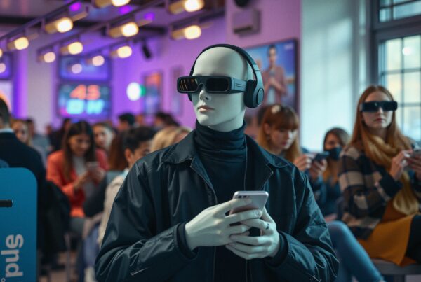 A mannequin with VR glasses and headphones in a tech-focused room.