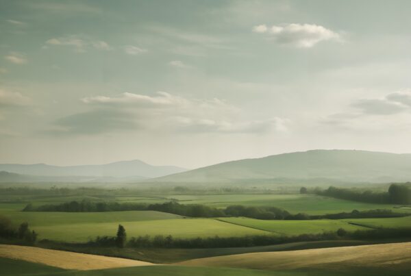 Scenic view of rolling green hills with soft clouds overhead in a tranquil setting.