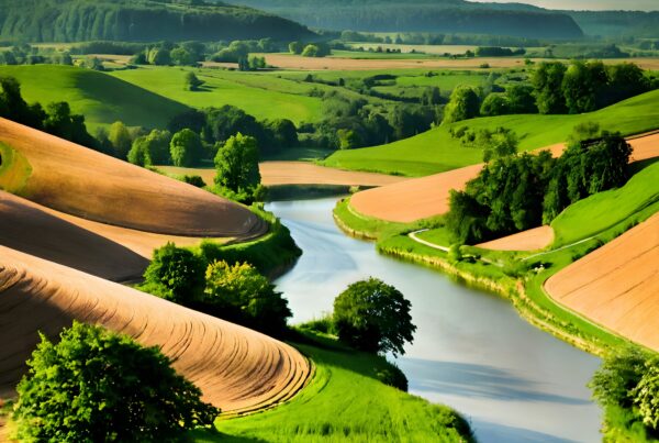 A serene landscape with rolling hills, a winding river, vibrant fields, and a distant forest under a soft blue sky.