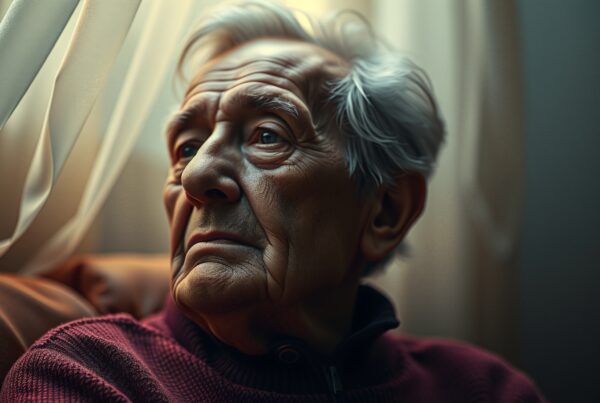 Elderly man gazing out a window in soft light.