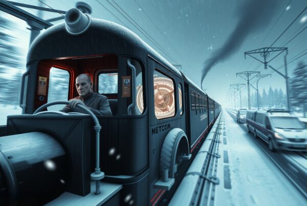 A futuristic train races through a snowy landscape with a focus on modern technology and speed.