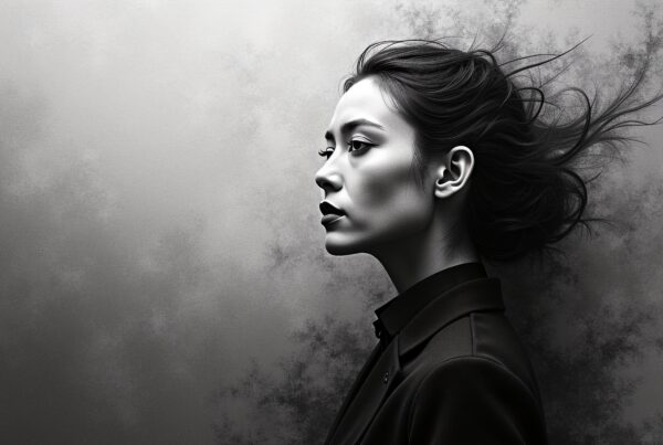 Grayscale profile portrait of a woman with windswept hair in formal attire against a textured background.